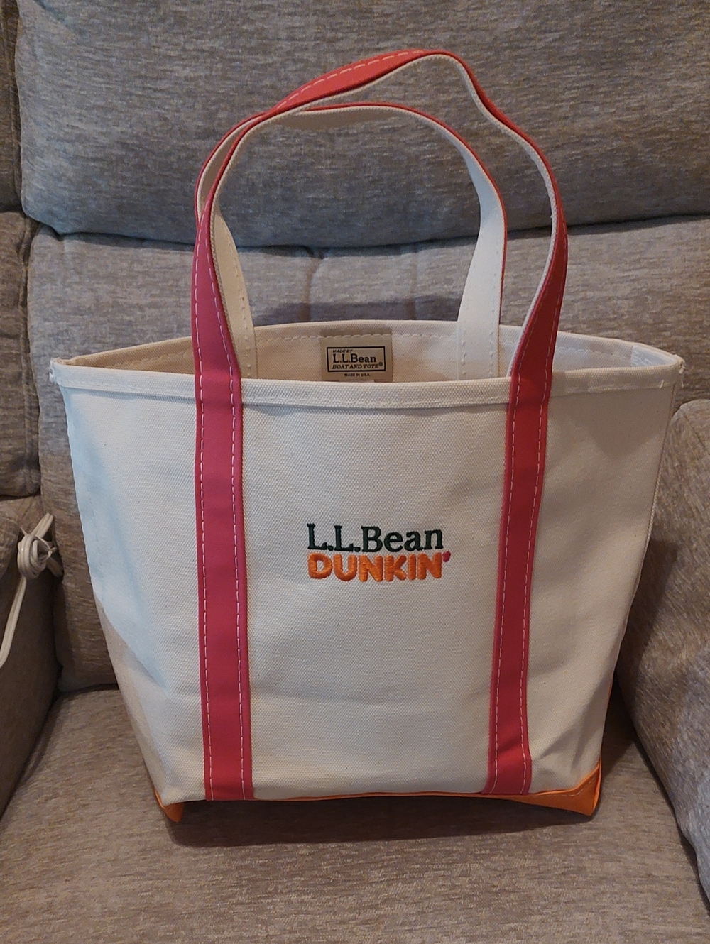 L.L. Bean Cream Canvas Tote with Pink Handles & Orange Accents